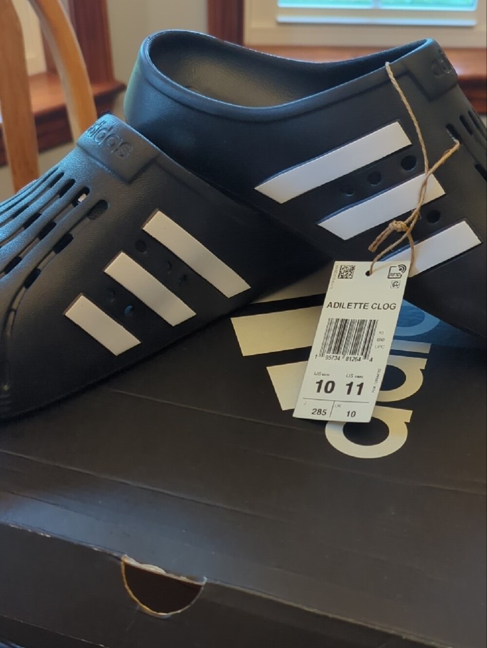 adidas Black Adilette Clog Slip-On Sandals with White Stripes - Picture 2 of 8
